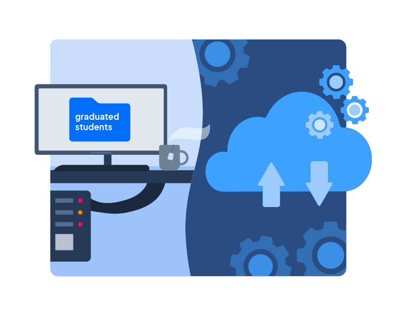 Illustration of a computer server and the cloud server syncing